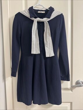 Tea Collection Navy Dress with Striped White Scarf
